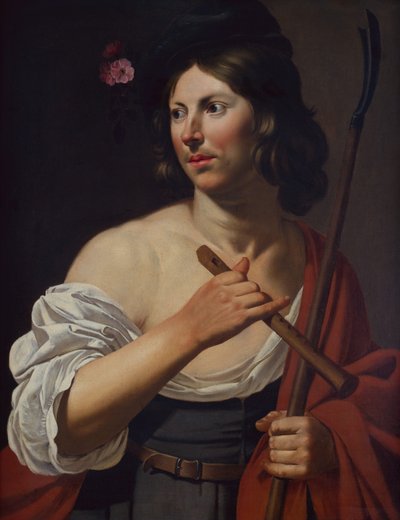 Shepherd Boy holder en kjeltring og en fløyte (olje på lerret) av Jan van Bijlert or Bylert