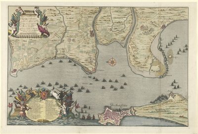 Kart over landingen og ekspedisjonen til de allierte i Cadiz, 1702 Plan for Dissante eller landing i Spangien for Cadix med leirplassene og Marse utført av hertugen av Ormont og generalmajoren og baron de Spar Ceedert 26. august til av Jan van Call (I)
