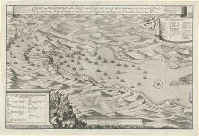 Slaget ved bukten ved Vigo og fangsten av den spanske sølvflåten, 1702 Caarte vande Landingh i Vigos-bukten som en del av fangsten av to Casteels og fangsten av den spanske sølvflåten som ankrer i Baay for Redondella hi av Jan van Call (I)