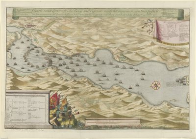Slaget ved bukten ved Vigo og fangsten av den spanske sølvflåten, 1702 Caarte vande Landingh i Vigos-bukten som en del av fangsten av to Casteels og fangsten av den spanske sølvflåten som ankrer i Baay for Redondella hi av Jan van Call (I)