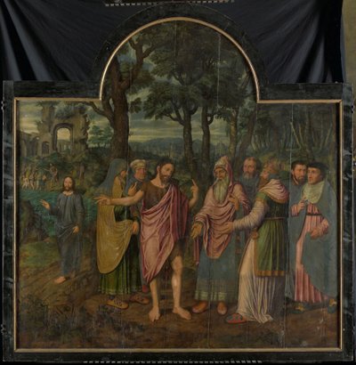Døperen Johannes formaner fariseerne, sentralpanel i en triptyk av Jan van Coninxloo (II)