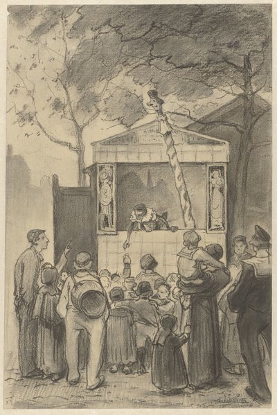 Tilskuere foran et dukketeater av Jan van Essen (possibly)
