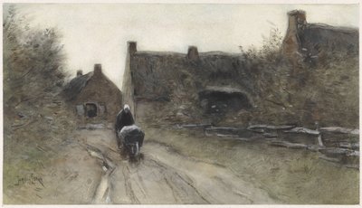 Landsbyutsikt med kvinne med trillebår av Jan van Essen