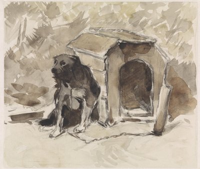 Hund som sitter i bånd foran kennelen sin av Jan van Essen