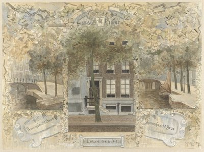 Hus på Leliegracht, flankert av broene over Prinsengracht og Keizersgracht av Jan van Essen
