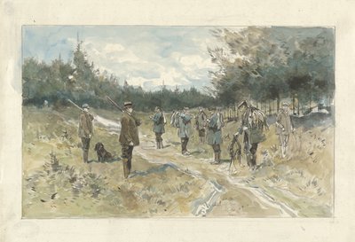 Landskap med en gruppe jegere etter jakten på Leusderhei av Jan van Essen