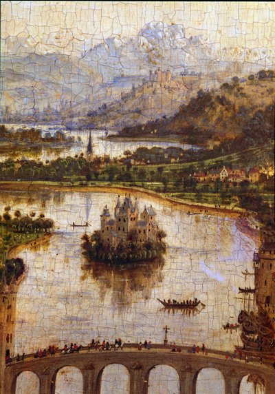 Landskap”” Detalj av “” Jomfruen til kansler Rolin””” Nicolas Rolin (1376-1461) var kansler i Burgund under Philippe Le Bon og grunnlegger av Hospices de Beaune i 1443. Maleri av Jan van Eyck (1390-1441) av Jan van Eyck