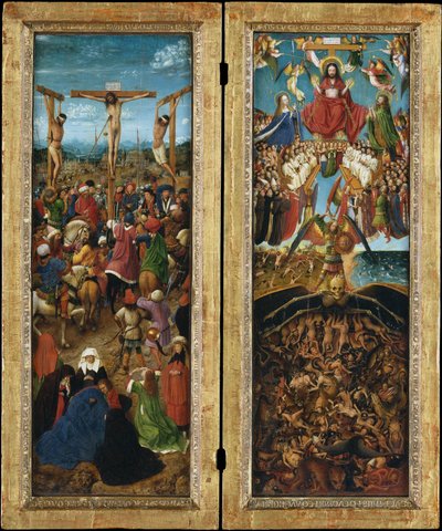 Korsfestelsen; The Last Judgment, ca. 1440-41 (olje på lerret overført fra tre) av Jan van Eyck