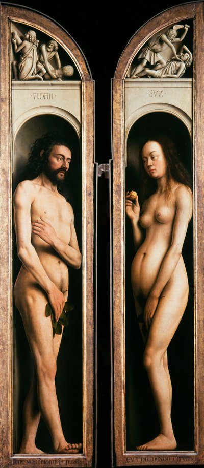 Gent-altertavlen. Tilbedelse av det mystiske lam: Adam og Eva, 1432. av Jan van Eyck