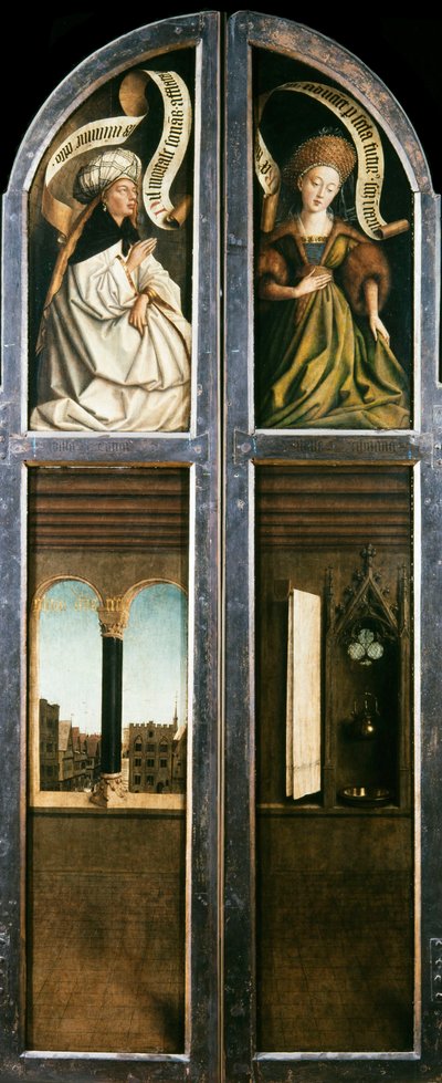 Ghent-altertavlen. Adoration of the Mystic Lamb: Arched Window with a View..., 1432. av Jan van Eyck