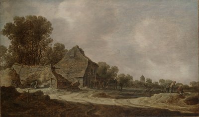 En sandvei med hytter med stråtak av Jan van Goyen