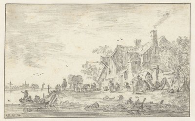 Gård ved bredden av en elv av Jan van Goyen