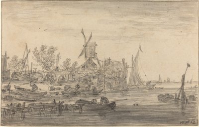 Forstrandscene med vindmølle av Jan van Goyen