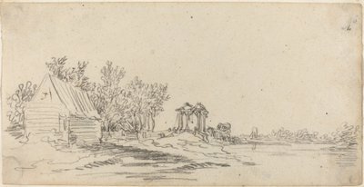 Elvelandskap med en fjern bro av Jan van Goyen