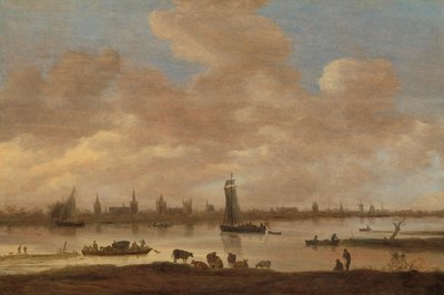 Utsikt over en imaginær by over en elv, med Saint Pol-tårnet i Vianen av Jan van Goyen