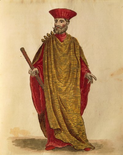 Capitano Generale Da Mar (generalkaptein for marinen) av Serenissima-republikken Venezia, av Jan van Grevenbroeck eller Giovanni Grevembroch (1731-1807), Gli Donne de Veneziani, fra illustrert kostymebok, akvarell av Jan van Grevenbroeck