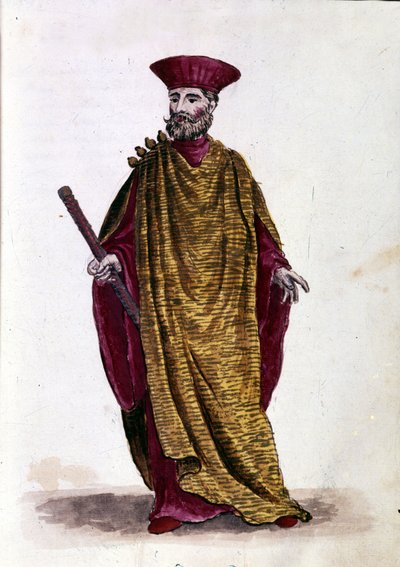 Kaptein på havet: Offiser for den militære marinen i Republikken Venezia. Akvarelltegning og blekk fra manuskriptet "Venitianernes skikker"" av Jan van Grevenbroeck (eller Giovanni Grevembroch (Grevenbroch) (1731-1807) av Jan van Grevenbroeck
