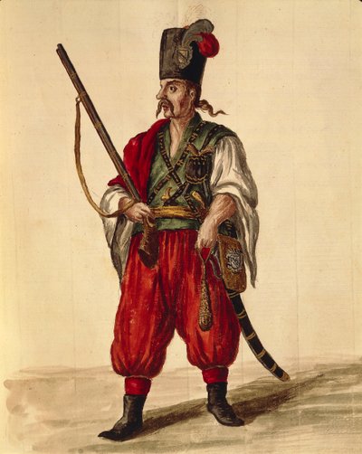 Karabinuniform, av Jan van Grevenbroeck eller Giovanni Grevembroch (1731-1807), Gli Donne de Veneziani, fra illustrert kostymebok, akvarell av Jan van Grevenbroeck