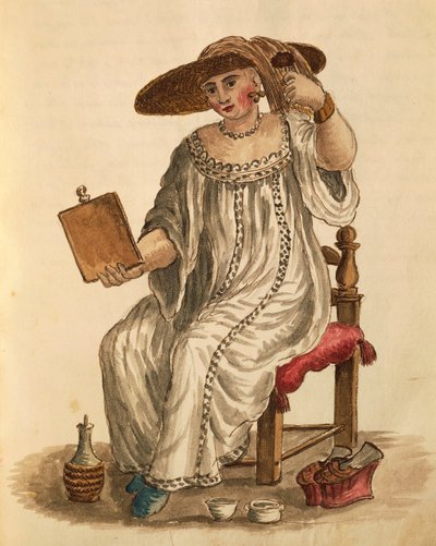 Dame som sminker seg, av Jan van Grevenbroeck eller Giovanni Grevembroch (1731-1807), Gli Abiti de Veneziani, fra illustrert kostymebok, akvarell av Jan van Grevenbroeck