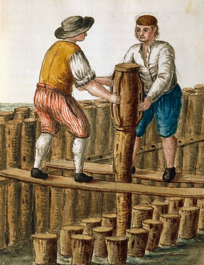 Å legge grunnlaget for den venetianske lagunen, illustrasjon av Jan van Grevenbroeck (1731-1807) fra manuskriptet Dress of Venetians, Italia av Jan van Grevenbroeck