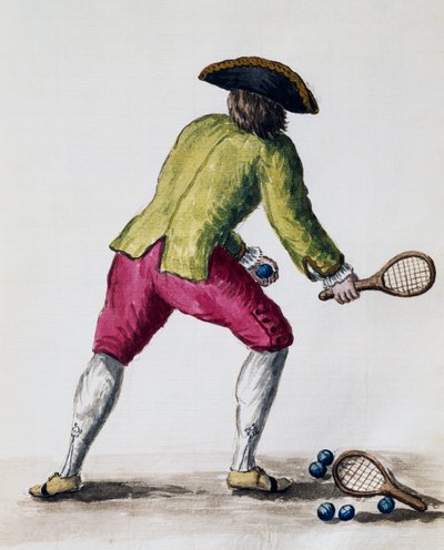 Mann som leker med racket og baller, fra The Illustrated Book of Venetian Costumes, Italia av Jan van Grevenbroeck