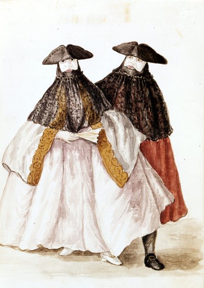 Masker av karneval i Venezia. Akvarelltegning og blekk fra manuskriptet "Venitianernes skikker"" av Jan van Grevenbroek (eller Giovanni Grevenbroich (Grevenbroich) (1731-1807) av Jan van Grevenbroeck