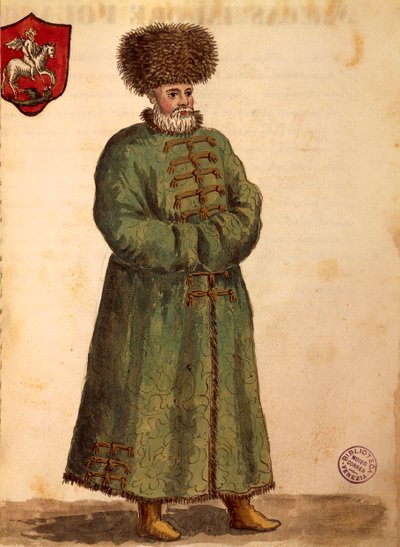 Muscovite-ambassadør, av Jan van Grevenbroeck eller Giovanni Grevembroch (1731-1807), Gli Donne de Veneziani, fra illustrert kostymebok, akvarell av Jan van Grevenbroeck