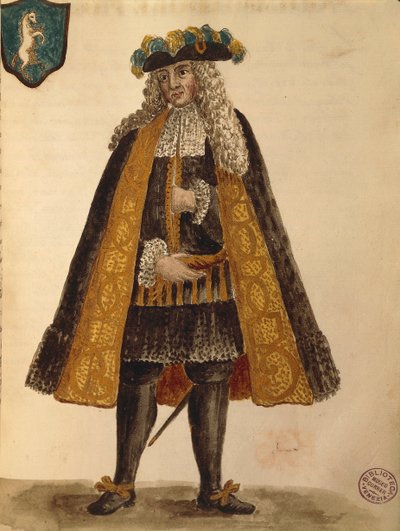 Sardinsk ambassadør, av Jan van Grevenbroeck eller Giovanni Grevembroch (1731-1807), Gli Abiti de Veneziani, fra illustrert kostymebok, akvarell av Jan van Grevenbroeck