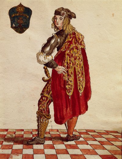 Drakt av ridder av Confraternity de la Calza (Stocking) i 1564, av Jan van Grevenbroeck eller Giovanni Grevembroch (1731-1807), Gli Abiti de Veneziani, fra illustrert bok med kostymer, akvarell av Jan van Grevenbroeck