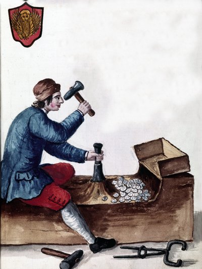 Produksjon av mynter fra Republikken Venezia: pregestadium. Akvarelltegning og blekk fra manuskriptet "Venitianernes skikker"" av Jan van Grevenbroeck (eller Giovanni Grevembroch (Grevenbroch) (1731-1807) av Jan van Grevenbroeck
