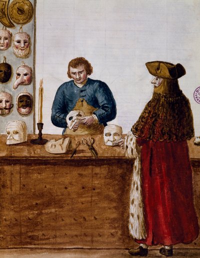 Maskebutikken, illustrasjon fra illustrert bok med venetianske kostymer, Italia av Jan van Grevenbroeck