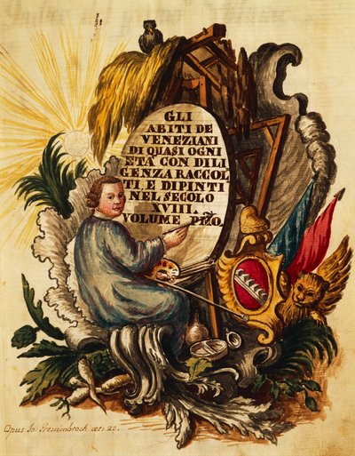 Venetiansk kjole for alle aldre, flittig samlet og malt, for 1700-tallet, av Giovanni Grevembroch, tittelside av Jan van Grevenbroeck