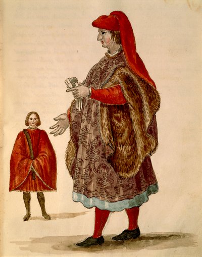 Venetiansk senator iført "Dogalina", formell kappe med vide ermer, av Jan van Grevenbroeck eller Giovanni Grevembroch (1731-1807), Gli Abiti de Veneziani, fra illustrert kostymebok, akvarell av Jan van Grevenbroeck