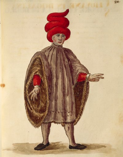 Ung mann iført "Dogalina", formell kappe med vide ermer, av Jan van Grevenbroeck eller Giovanni Grevembroch (1731-1807), Gli Abiti de Veneziani, fra illustrert kostymebok, akvarell av Jan van Grevenbroeck