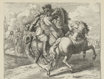 Soldat skutt på hesteryggen Cavalry Scenes (serietittel) av Jan van Huchtenburg (possibly copy after)