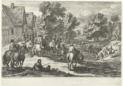 Utsikt over en landsby med ryttere i forgrunnen av Jan van Huchtenburg