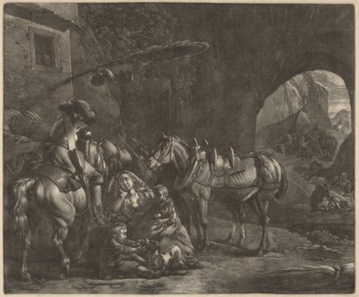 Mor med to barn og en hest foran et vertshus av Jan van Huchtenburgh
