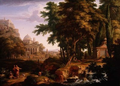 Arkadisk landskap med St. Peter og St. John Healing the Crippled Man, 1724-25 (par til 68871) av Jan van Huysum