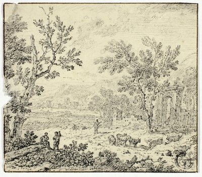Landskap med geiter, geitegjeter og ruiner av Jan van Huysum