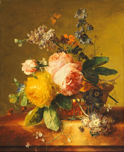 Roser og andre blomster i en kurv på en marmorhylle, ca. 1742 av Jan van Huysum