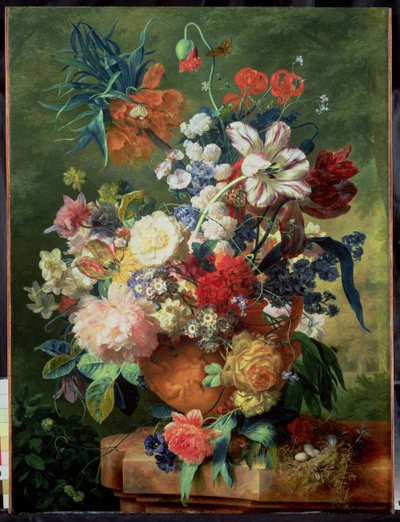 Stilleben av blomster og et fuglerede på en pidestall av Jan van Huysum
