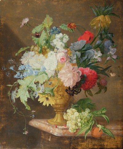 Stilleben av blomster i en gylden vase på en marmorhylle av Jan van Huysum