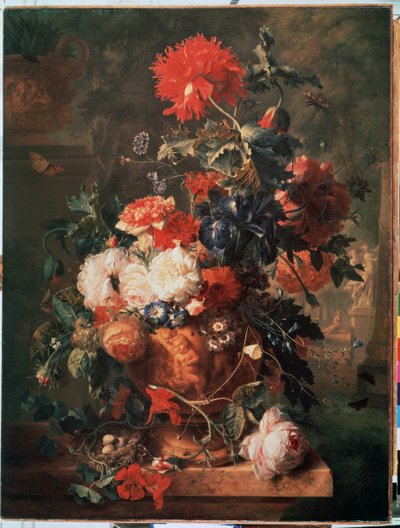 ""Bukett med blomster"" (Blomster) Også representert er et rede med egg og insekter (inkludert sommerfugl, flue, maur og marihøne) Maleri av Jan van Huysums (1682-1749) 1722 Eremitagemuseet St. Petersburg av Jan van Huysums