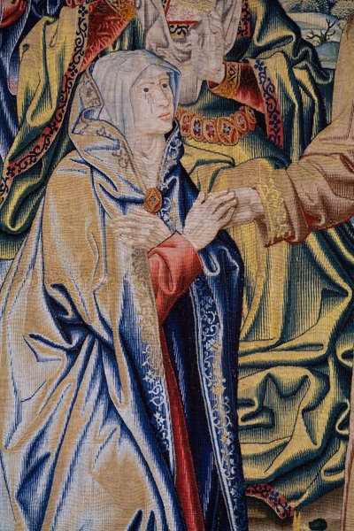 flamsk billedvev. Serien Heaven of Charles V. Christ tar farvel med sin mor (Despedida de Cristo/Despedida de Cristo/Christ sier farvel til moren sin). Tegneserieskaper Jan van Coninxloo. Produksjon av Julien Portois, Mechelen (Malines). Omtrent 1521 av Jan van II Coninxloo