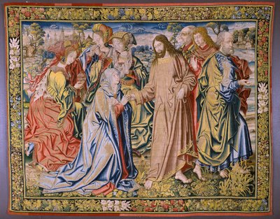 flamsk billedvev. Serien Heaven of Charles V. Christ tar farvel med sin mor (Despedida de Cristo/Christ tar farvel med sin mor). Tegner Jan van Coninxloo. Produksjon av Julien Portois, Mechelen (Malines). rundt 1521. av Jan van II Coninxloo