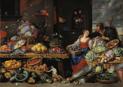 Frukt- og grønnsaksmarked med en ung fruktselger av Jan van Kessel d.Æ.