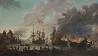 De nederlandske brennende engelske skipene under det nederlandske angrepet på Medway, 20. juni 1667 av Jan van Leyden