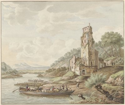 Landskap med en lekter med varer på et slott av Jan van Lockhorst