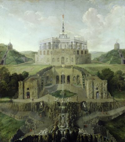Utsikt fra Riesenkopf-fossene over den forvrengte vanngrotten til oktogonen, etter 1716 av Jan van Nickelen