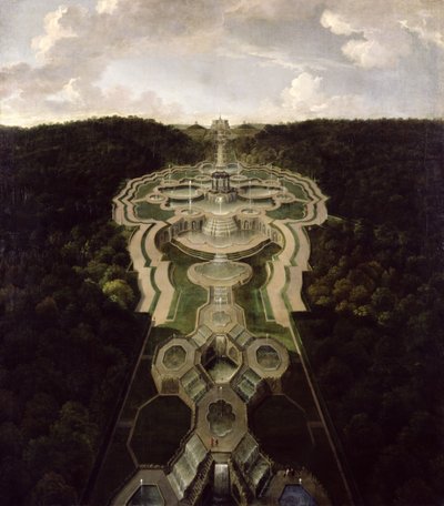 Utsikt over Great Plaza med tempel ved begynnelsen av den andre tredjedelen av fossene til oktogonen, etter 1716 av Jan van Nickelen